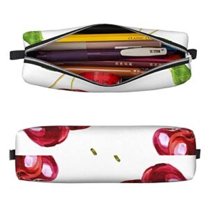 allgobee Pu Leather Pencil Bag Pen Case Watercolor-Cherries-Red-Berries Students Stationery Pouch Pencil Holder Desk Organizer