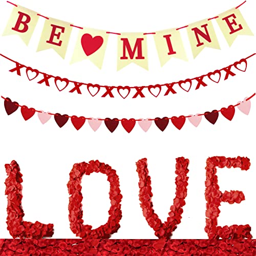 Valentine's Day Banner Set Felt BE MINE Love Heart XO Garlands Accessories&1000 PCS Rose Petals Proposal Party Flag Romantic Decora Wedding/Home/Anniversary/Birthday Decoration Supplies