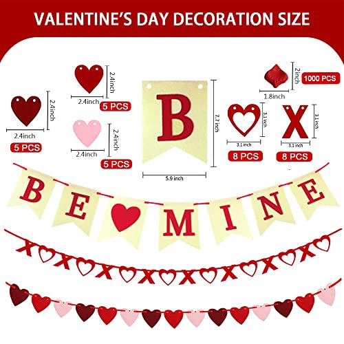 Valentine's Day Banner Set Felt BE MINE Love Heart XO Garlands Accessories&1000 PCS Rose Petals Proposal Party Flag Romantic Decora Wedding/Home/Anniversary/Birthday Decoration Supplies