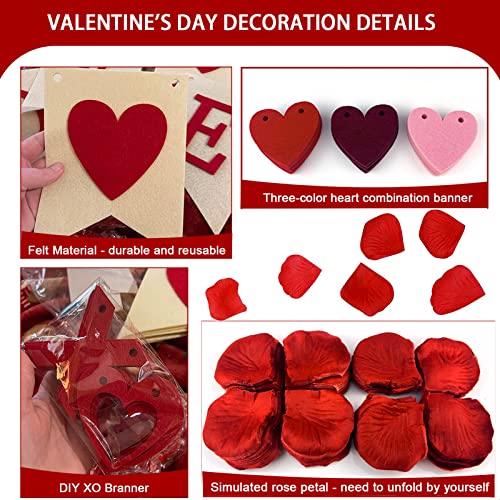 Valentine's Day Banner Set Felt BE MINE Love Heart XO Garlands Accessories&1000 PCS Rose Petals Proposal Party Flag Romantic Decora Wedding/Home/Anniversary/Birthday Decoration Supplies