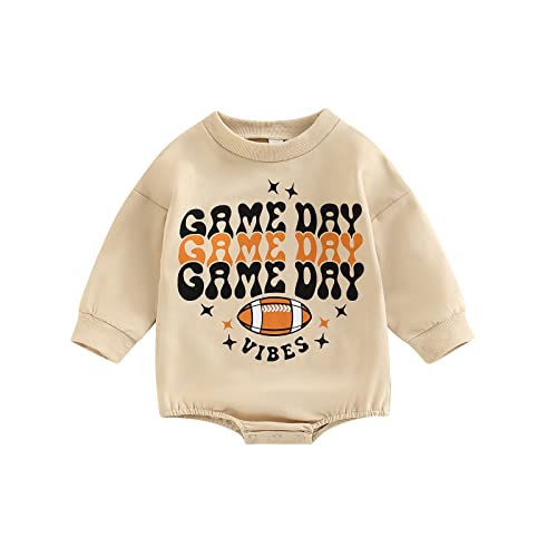 MERSARIPHY Baby Football Sweatshirt Romper Outfit Infant Girl Boy Funny Letter Long Sleeve Bodysuit Fall Winter Clothes (B Khaki Game Day, 0-3 Months)