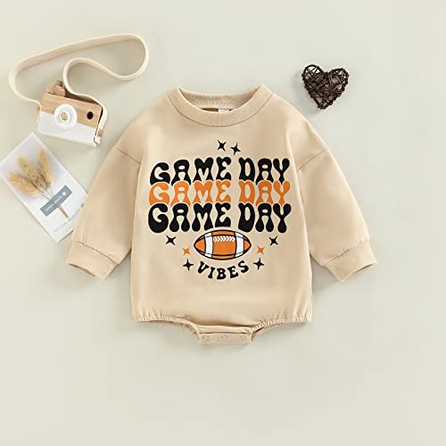 MERSARIPHY Baby Football Sweatshirt Romper Outfit Infant Girl Boy Funny Letter Long Sleeve Bodysuit Fall Winter Clothes (B Khaki Game Day, 0-3 Months)