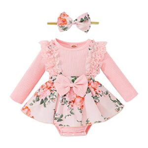 newborn baby girl ribbed floral suspender dress with headband 0 3 6 9 12 18 24 months fall outfits pink-1 0-3 months