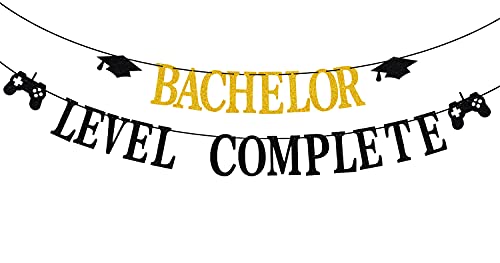 Bachelor Level Complete Banner, Congrats Bachelor Degree Graduation Party Decor, Video Game Themed Decorating, Class of 2021 Bachelor Graduation Party Decoration Supplies Black Glitter.