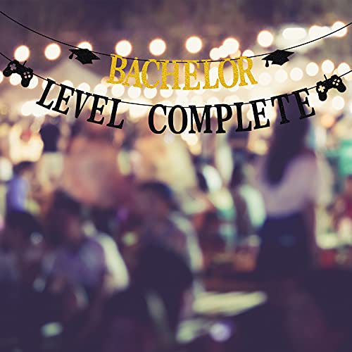 Bachelor Level Complete Banner, Congrats Bachelor Degree Graduation Party Decor, Video Game Themed Decorating, Class of 2021 Bachelor Graduation Party Decoration Supplies Black Glitter.