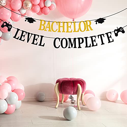 Bachelor Level Complete Banner, Congrats Bachelor Degree Graduation Party Decor, Video Game Themed Decorating, Class of 2021 Bachelor Graduation Party Decoration Supplies Black Glitter.