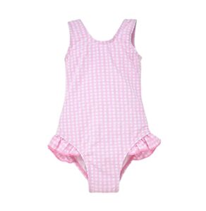 flap happy baby/toddler one piece swimsuit | girls’ delaney hip ruffle swimsuit | upf 50+ highest certified uv sun protection, pink gingham seersucker, 24m