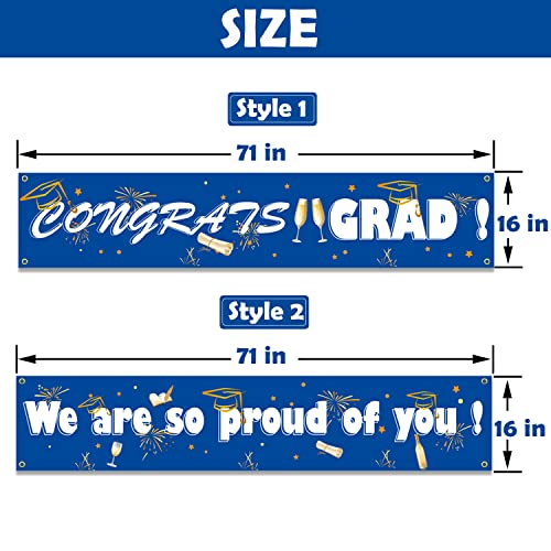 Graduation Banner 2 Pack, Blue Congrats Grad Banner & We are So Proud of You Graduation Backdrop, 71" x 16" Graduation Party Supplies 2022 Congrats Grad Decorations for Yard, Outdoors & Indoors