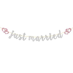 t-minimalist just married banner, wedding party bunting decorations, just married sign banner for bridal shower / wedding / engagement party decoration, silver, 6.8 feet