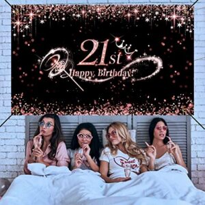 Rose Gold Happy 21st Birthday Banner Backdrop Decorations for Girls Extra Large Fabric 21 Year Old Birthday Finally Legal Twenty One Party Photography Background Decor Sign Photo Booth Party Supplies