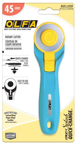 OLFA 45mm Quick-Change Rotary Cutter (RTY-2/C) - Rotary Fabric Cutter w/ Blade Cover for Crafts, Sewing, Quilting, Replacement Blade: OLFA RB45-1 (Aqua)