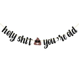 dalaber black glitter holy shit you’re old banner – funny adults birthday party decoration – fun decoration for 21st 30th 40th 50th 60th 65th 70th 80th birthday, retirement party