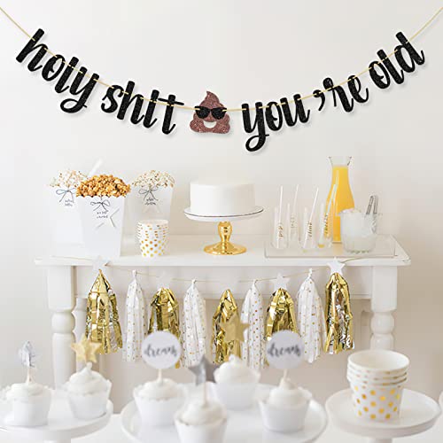 Dalaber Black Glitter Holy Shit You're Old Banner - Funny Adults Birthday Party Decoration - Fun Decoration for 21st 30th 40th 50th 60th 65th 70th 80th Birthday, Retirement Party