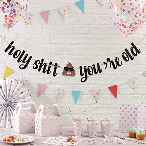 Dalaber Black Glitter Holy Shit You're Old Banner - Funny Adults Birthday Party Decoration - Fun Decoration for 21st 30th 40th 50th 60th 65th 70th 80th Birthday, Retirement Party