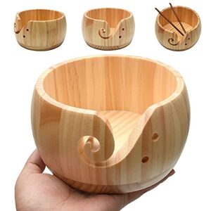 wooden yarn bowl with bamboo crochet hooks & holes, knitting accessories diy hand craft yarn storage bowls for yarn balls & skeins, birthday gifts for mom & knitting lovers (type b)