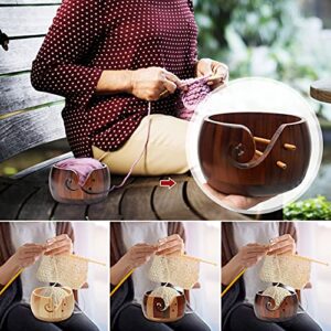 Wooden Yarn Bowl with Bamboo Crochet Hooks & Holes, Knitting Accessories DIY Hand Craft Yarn Storage Bowls for Yarn Balls & Skeins, Birthday Gifts for Mom & Knitting Lovers (Type B)