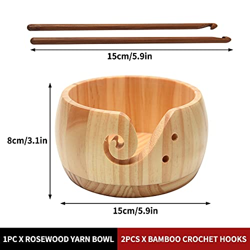 Wooden Yarn Bowl with Bamboo Crochet Hooks & Holes, Knitting Accessories DIY Hand Craft Yarn Storage Bowls for Yarn Balls & Skeins, Birthday Gifts for Mom & Knitting Lovers (Type B)