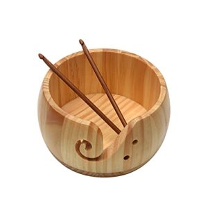 Wooden Yarn Bowl with Bamboo Crochet Hooks & Holes, Knitting Accessories DIY Hand Craft Yarn Storage Bowls for Yarn Balls & Skeins, Birthday Gifts for Mom & Knitting Lovers (Type B)