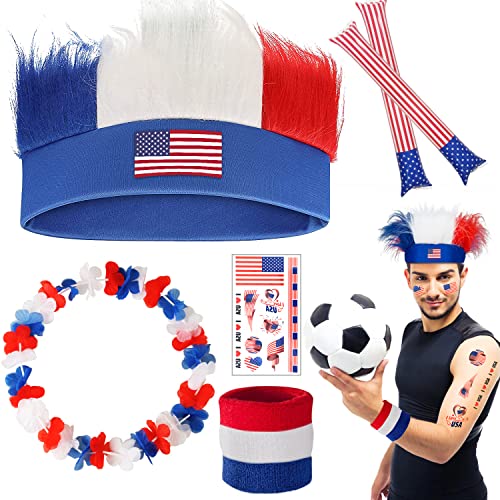 MOVINPE American Patriotic Accessories, USA Flag Wig, Red White and Blue Flower Leis Thunder Sticks Wristband Tattoos, Decoration for World Cup Soccer Supporters, Independence Celebration 4th of July