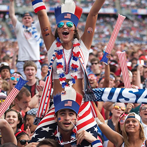 MOVINPE American Patriotic Accessories, USA Flag Wig, Red White and Blue Flower Leis Thunder Sticks Wristband Tattoos, Decoration for World Cup Soccer Supporters, Independence Celebration 4th of July