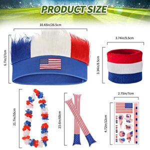 MOVINPE American Patriotic Accessories, USA Flag Wig, Red White and Blue Flower Leis Thunder Sticks Wristband Tattoos, Decoration for World Cup Soccer Supporters, Independence Celebration 4th of July