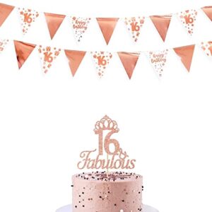 40Ft Rose Gold 16th Happy Birthday Banner Bunting Triangle Flag Pennant Garland for 16th Birthday Decorations Sweet 16 Decor Hanging 16th Birthday Streamer Sign for Girls Sweet Sixteen Party Supplies