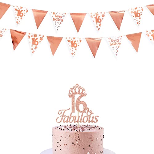 40Ft Rose Gold 16th Happy Birthday Banner Bunting Triangle Flag Pennant Garland for 16th Birthday Decorations Sweet 16 Decor Hanging 16th Birthday Streamer Sign for Girls Sweet Sixteen Party Supplies