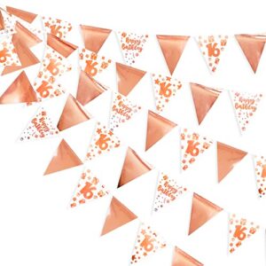 40ft rose gold 16th happy birthday banner bunting triangle flag pennant garland for 16th birthday decorations sweet 16 decor hanging 16th birthday streamer sign for girls sweet sixteen party supplies