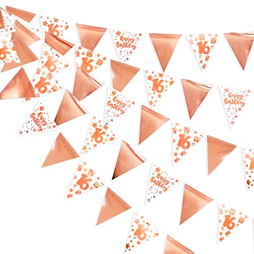 40Ft Rose Gold 16th Happy Birthday Banner Bunting Triangle Flag Pennant Garland for 16th Birthday Decorations Sweet 16 Decor Hanging 16th Birthday Streamer Sign for Girls Sweet Sixteen Party Supplies