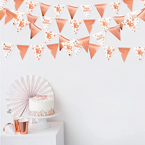 40Ft Rose Gold 16th Happy Birthday Banner Bunting Triangle Flag Pennant Garland for 16th Birthday Decorations Sweet 16 Decor Hanging 16th Birthday Streamer Sign for Girls Sweet Sixteen Party Supplies