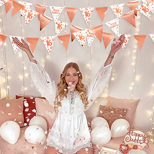 40Ft Rose Gold 16th Happy Birthday Banner Bunting Triangle Flag Pennant Garland for 16th Birthday Decorations Sweet 16 Decor Hanging 16th Birthday Streamer Sign for Girls Sweet Sixteen Party Supplies