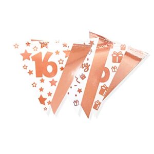 40Ft Rose Gold 16th Happy Birthday Banner Bunting Triangle Flag Pennant Garland for 16th Birthday Decorations Sweet 16 Decor Hanging 16th Birthday Streamer Sign for Girls Sweet Sixteen Party Supplies