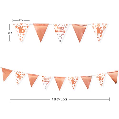 40Ft Rose Gold 16th Happy Birthday Banner Bunting Triangle Flag Pennant Garland for 16th Birthday Decorations Sweet 16 Decor Hanging 16th Birthday Streamer Sign for Girls Sweet Sixteen Party Supplies