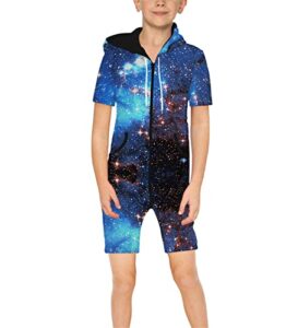 tenmet kids galaxy zip short jumpsuits hooded onepiece romper onesie for boys 9-14 years