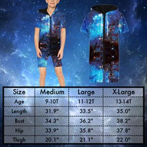 TENMET Kids Galaxy Zip Short Jumpsuits Hooded Onepiece Romper Onesie for Boys 9-14 Years