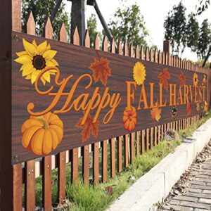 98″x 19″ large happy fall harvest banner- long fall thanksgiving outdoor decoration banner background orange leaves pumpkin autumn banner for wall office fence yard garage backdrop