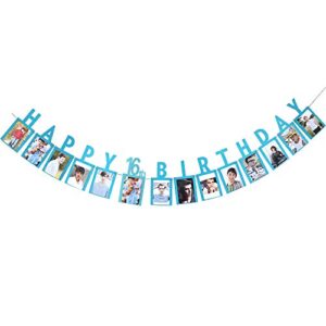 happy 16th birthday photo party banner, blue sign garlands for boy’s/girl’s 16th birthday party bunting supplies decorations, sweet 16 / sixteen party photo props