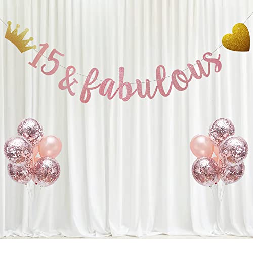 15 & Fabulous Banner, Pre-Strung, No Assembly Required, Funny Rose Gold Paper Glitter Party Decorations for 15th Birthday Party Supplies, Letters Rose Gold,ABCpartyland