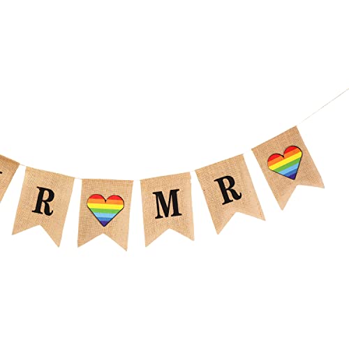 Mandala Crafts Burlap Mr and Mr Banner for Gay Wedding Decorations - Gay Wedding Sign for LGBT Wedding Decorations Gay Engagement Party Decorations