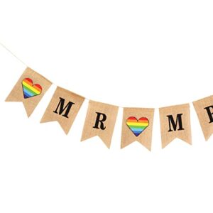 Mandala Crafts Burlap Mr and Mr Banner for Gay Wedding Decorations - Gay Wedding Sign for LGBT Wedding Decorations Gay Engagement Party Decorations