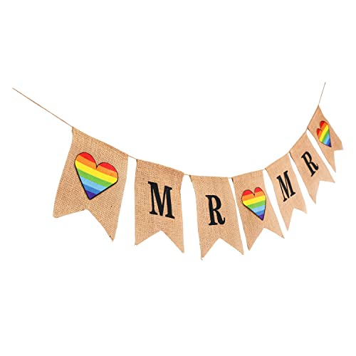 Mandala Crafts Burlap Mr and Mr Banner for Gay Wedding Decorations - Gay Wedding Sign for LGBT Wedding Decorations Gay Engagement Party Decorations