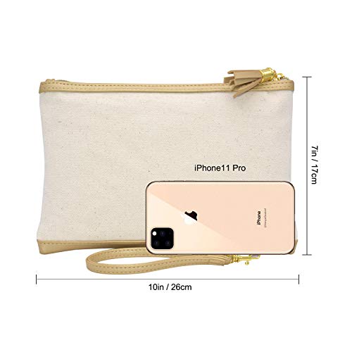 DEMOMENT Canvas Tassel Zipper Organizer Pouch With Removable Wrist Strap for Makeup and Cosmetic. Large purse and Coin Case and Pencil Case. Good For Travelling Working Study (2 pieces-Golden)