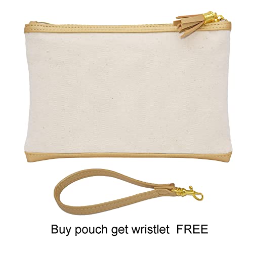 DEMOMENT Canvas Tassel Zipper Organizer Pouch With Removable Wrist Strap for Makeup and Cosmetic. Large purse and Coin Case and Pencil Case. Good For Travelling Working Study (2 pieces-Golden)