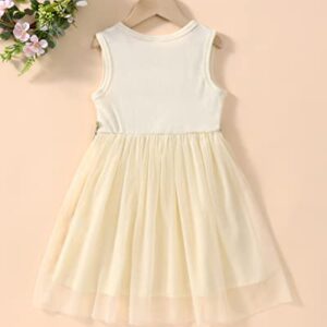 Toddler Girl Floral Tutu Dress Sleeveless Tulle Sundress Flower Princess Party Dresses for 2-6 Years(Beige, 4-5X)