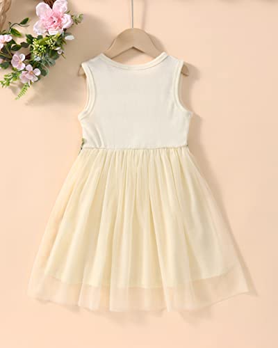 Toddler Girl Floral Tutu Dress Sleeveless Tulle Sundress Flower Princess Party Dresses for 2-6 Years(Beige, 4-5X)