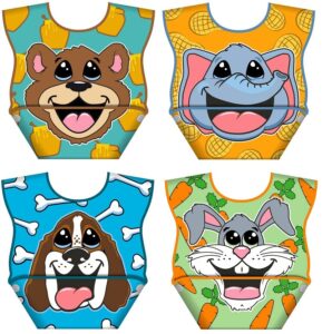 la baby crumb snatcher waterproof pocket bib small, catch-all pocket design, 4-pack (bear, puppy, elephant, rabbit)