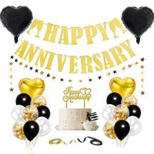 happy anniversary decorations, happy wedding anniversary decorations with banner, cake topper, glitter hanging, ribbon and balloons for all ages’ anniversary party decorations (black/gold)