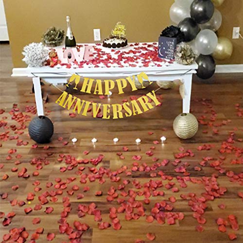 Happy Anniversary Decorations, Happy Wedding Anniversary Decorations with Banner, Cake Topper, Glitter Hanging, Ribbon and Balloons for All Ages' Anniversary Party Decorations (Black/Gold)