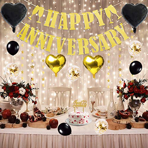 Happy Anniversary Decorations, Happy Wedding Anniversary Decorations with Banner, Cake Topper, Glitter Hanging, Ribbon and Balloons for All Ages' Anniversary Party Decorations (Black/Gold)