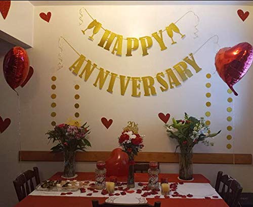 Happy Anniversary Decorations, Happy Wedding Anniversary Decorations with Banner, Cake Topper, Glitter Hanging, Ribbon and Balloons for All Ages' Anniversary Party Decorations (Black/Gold)